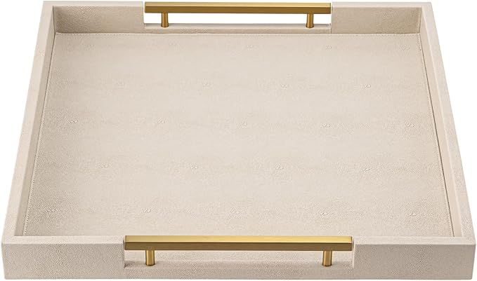 Beige Faux Leather Serving Tray with Handles – Large Decorative Tray for Coffee Table, Ottoman, Living Room, Bathroom – Home Decor
