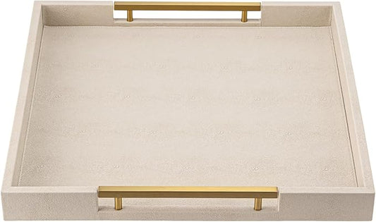 Beige Faux Leather Serving Tray with Handles – Large Decorative Tray for Coffee Table, Ottoman, Living Room, Bathroom – Home Decor