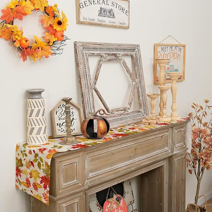 GEEORY Fall Table Runner 13x72 Inch, Maple Leaves Rustic Thanksgiving Farmhouse Decor Table Decoration for Kitchen Dinning, Indoor Outdoor Dinner Party (Orange Red Green Leaves) GT115-72