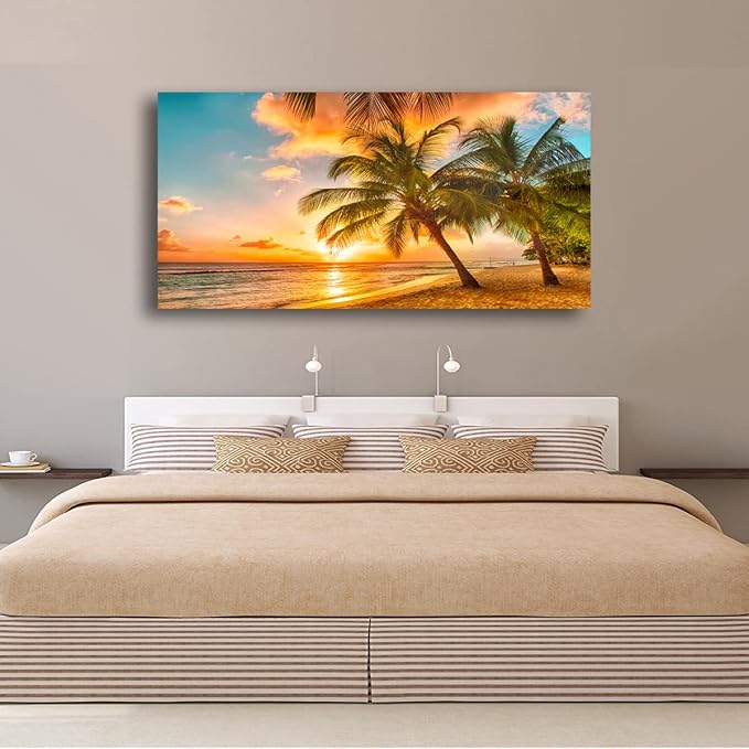 Beach Themed Wall Art Canvas Prints Seascape Picture Bathroom Décor Ocean Tree Sunset Paintings for Living Room Bedroom Office Home Kitchen Decorations Natural Landscape Artwork 20x40 Inches