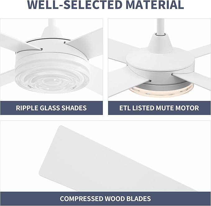 WINGBO 52 Inch Ceiling Fan with Lights and Remote, 3CCT, Modern Ceiling Fan with Ripple Glass Shade, 6-Speed Reversible DC Motor for Bedroom Living Room Kitchen Hallway, Gloss White
