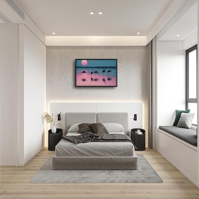 Olivine Flamingo Wall Art, Sunset Pictures Wall Decor, Beach Painting, Tropical Animal Canvas Prints, Framed Artwork for Bathroom Bedroom Living Room Office Home Decoration 36"x24"