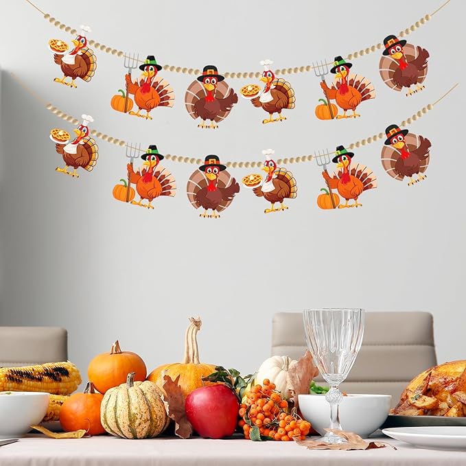 Doumeny 2Pcs Fall Thanksgiving Felt Garland with Wood Bead Thankful Felt Turkey Banner Garland Turkey Wood Bead Bunting Banner Happy Thanksgiving Hanging Bunting for Home Fireplace Harvest Party Decor