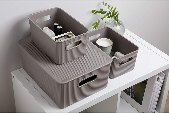 Superio Ribbed Collection - Decorative Plastic Lidded Home Storage Bins Organizer Baskets, Medium Taupe (1 Pack - 5 Liter) Stackable Container Box, for Organizing Closet Shelves Drawer Shelf