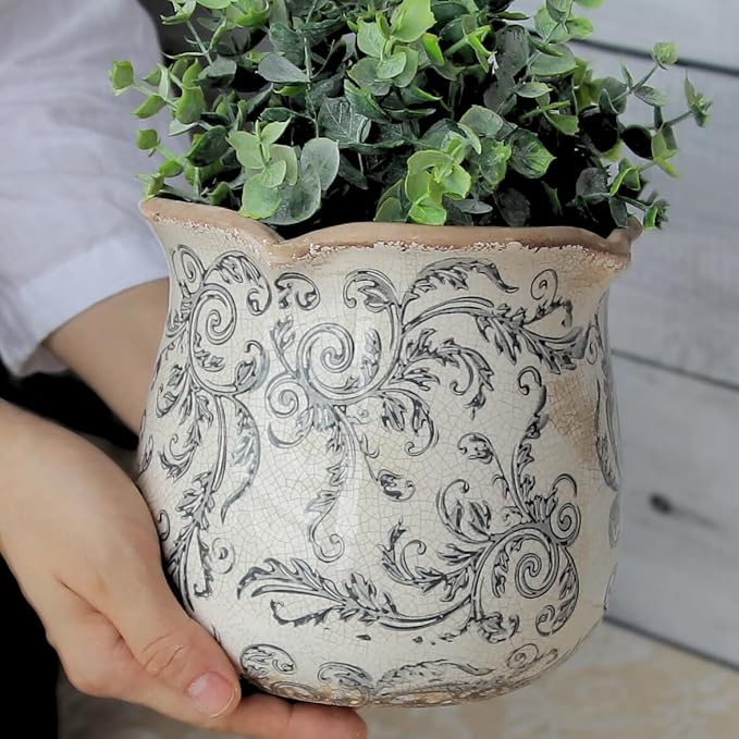 Ceramic Pots for Plants, Vintage Plant Pot with Drainage Hole, 6.11in. Planter for Indoor Plants, Crackle Glaze Finish Flower Pot, Perfect Tuscan Ceramic Planter for Gardening, Gray Swirls