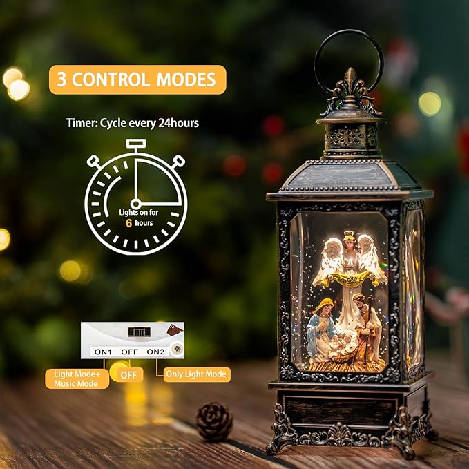 Christmas Snow Globe Swirling Glittering Angel & Nativity Scene with Music, USB Lined/Battery Operated Lighted Water Lantern for Christmas Festival Decoration Gifts