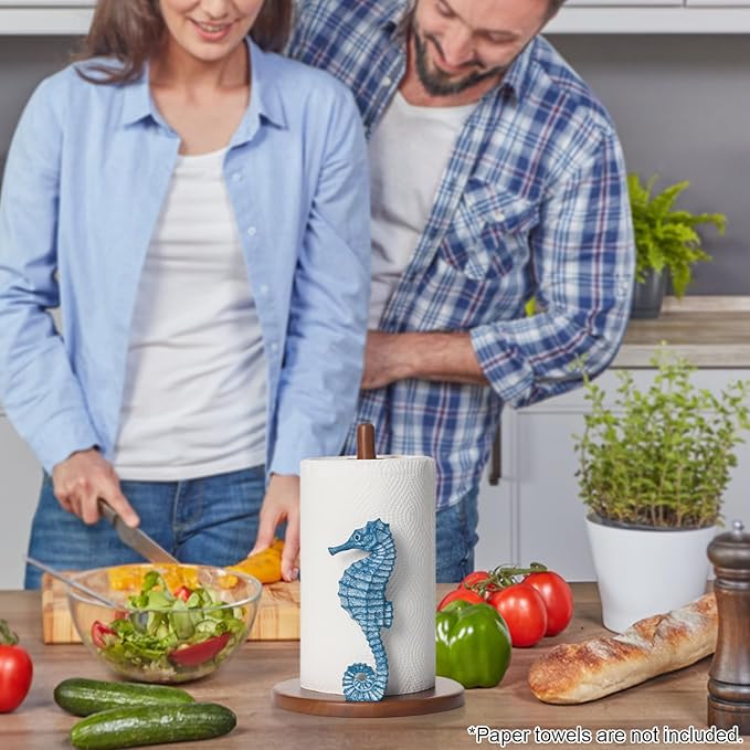 Seahorse Paper Towel Holder - Beach House Decor Unique Coastal Decor Seahorse Gifts for Women, Funny Cute Paper Towel Holder Stand Wood Kitchen Countertop Bathroom Decor Blue Coastal Kitchen