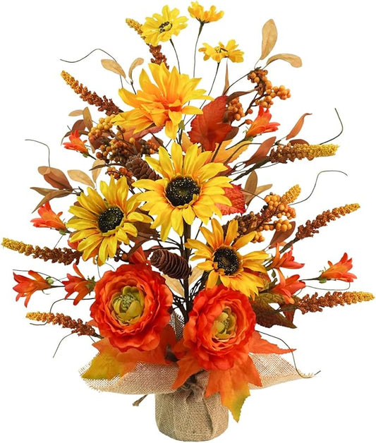 Fall Table Tree, Tabletop Artificial Fall Tree with Sunflowers Berries Maple Leaves Burlap Base Fall Decorations for Autumn Office Home Harvest Thanksgiving Party