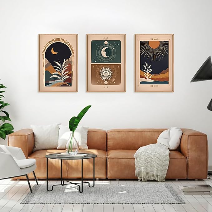 KAIRNE Boho Desert Botanical Framed Canvas Wall Art Set of 3, Bohemian Sun Moon Wall Painting, Mid Century Tropical Leaves Wall Decor, Retro Southwestern Art Print for Living Room, Bedroom 16" x 24"