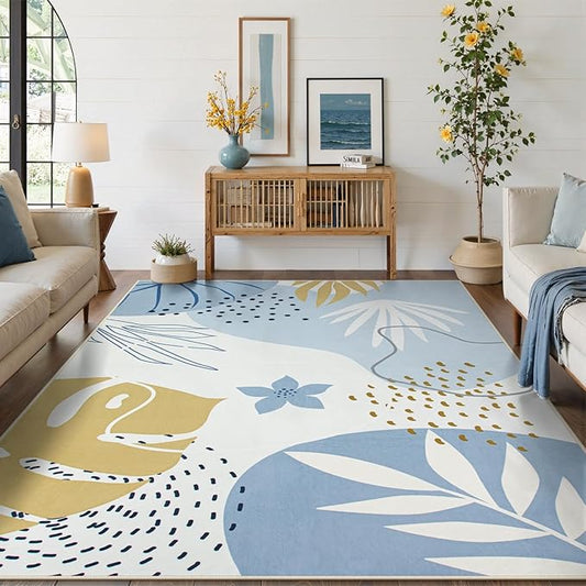 Lahome 9x12 Rugs for Living Room, Washable Non-Slip Ultra-Thin Larege Area Rug for Dining Room Table, Boho Botanical Print Indoor Soft Carpet for Bedroom Office, Blue