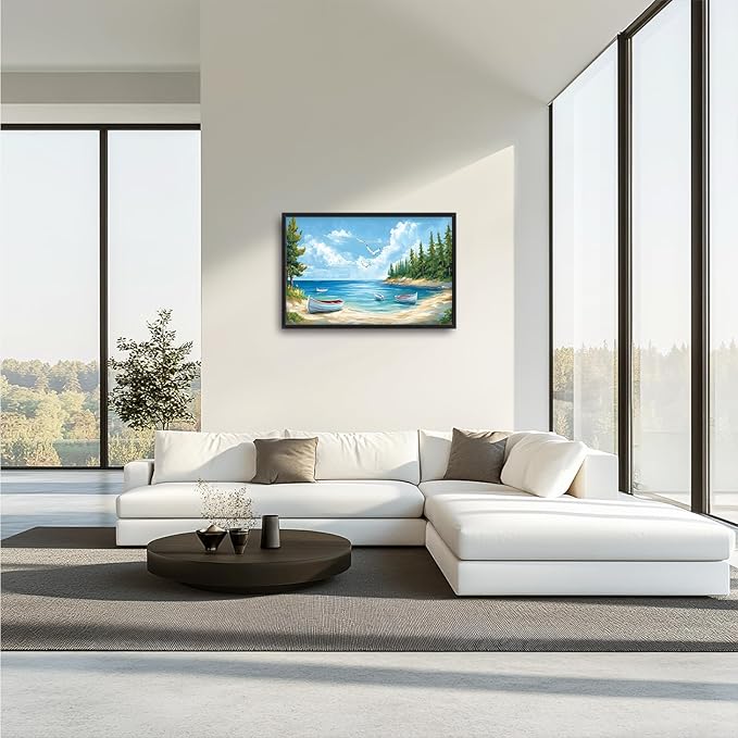 Framed Large Wall Art for Living Room, Beach Boat Canvas Wall Decor, Large Coast Sailboat Picture Framed Painting, Modern Artwork for Bedroom Office 36L'' × 24W''