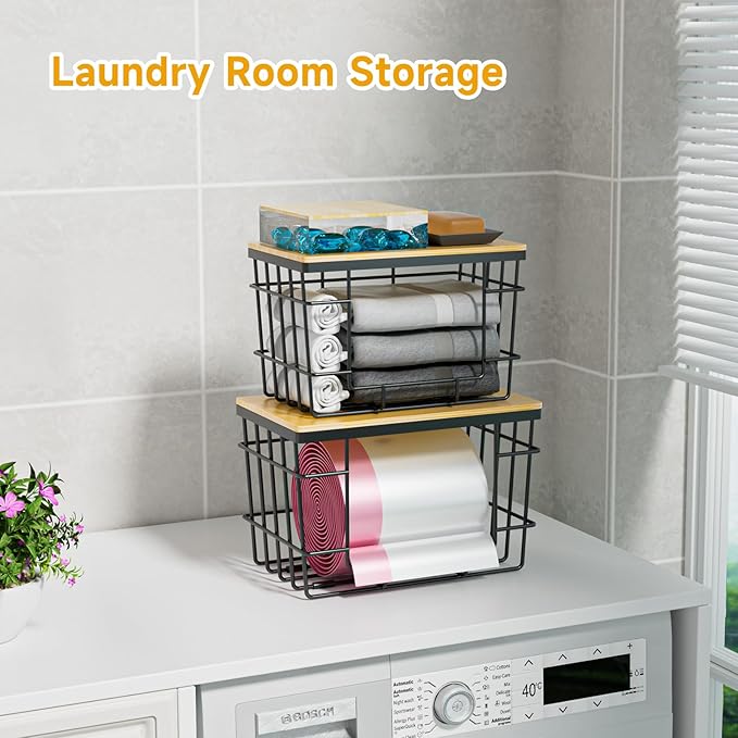 2 Pack Trash Bag Holder, Extra Large Garbage Bag Dispenser with Bamboo Top, Wall Mounted Stackable Trashbag Storage for Kitchen Laundry Room Under Sink Organization