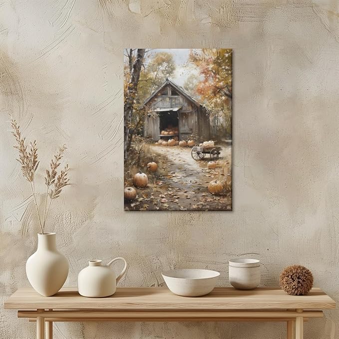 Fall Canvas Wall Art Farmhouse Pumpkin Barn Posters Retro Countryside Fall Pictures Prints Farmhouse Wall Decor for Home Living Room 24x36inch Framed