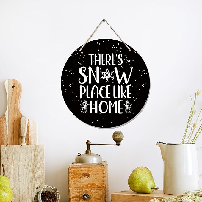 CGBHW Winter Wooden Sign, Snowy Holiday Hanging Sign Wall Decor for Room Home, Rustic Black Winter Snowflakes Christmas Door Decor 12 x 6 Inch
