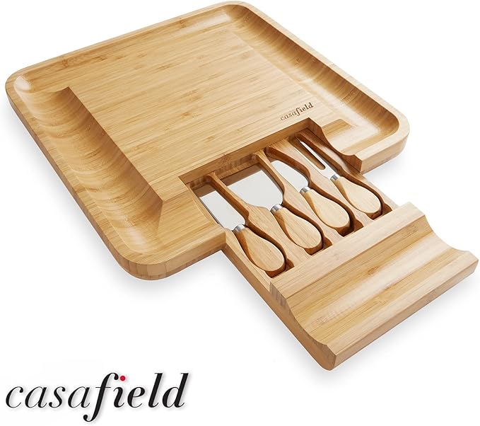 Casafield Bamboo Cheese Board and Knife Gift Set, Wooden Charcuterie Board Meat and Cheese Platter for Entertaining, Housewarming, Birthday, Wedding