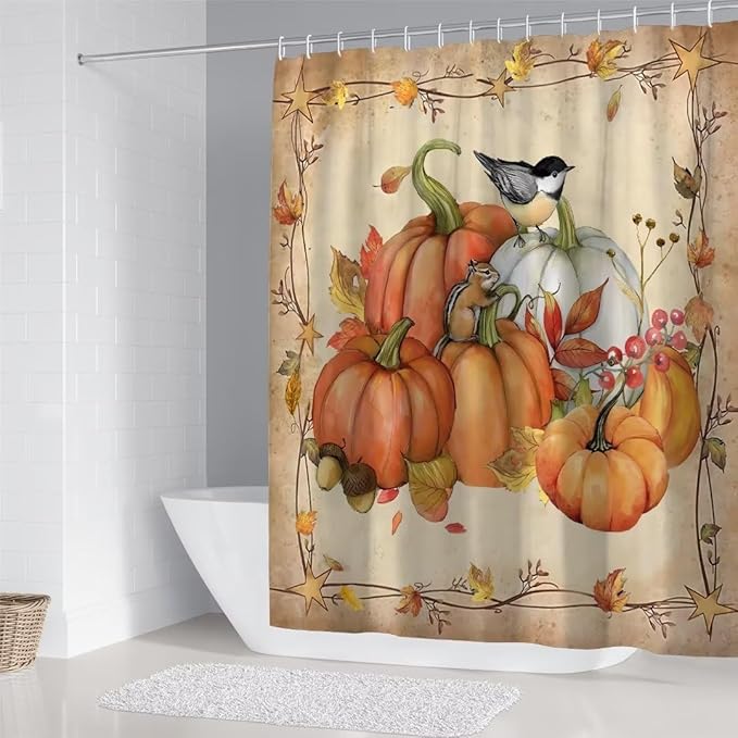 FZDHHY 4Pcs Pumpkin Shower Curtain Set Fall Bathroom Set Thanksgiving Bathroom Decor Set Autumn Shower Curtain Set with Rugs with 12 Hooks 72x72 inch