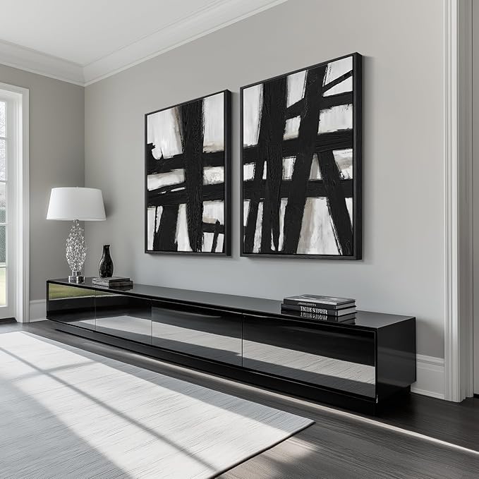 Large Framed Black and White Abstract Wall Art for Living Room, 2 Piece Modern Canvas Prints Wall Paintings Artwork for Walls, Minimalist Black Lines Pictures for Hallway Office Wall Decor 24x36 In
