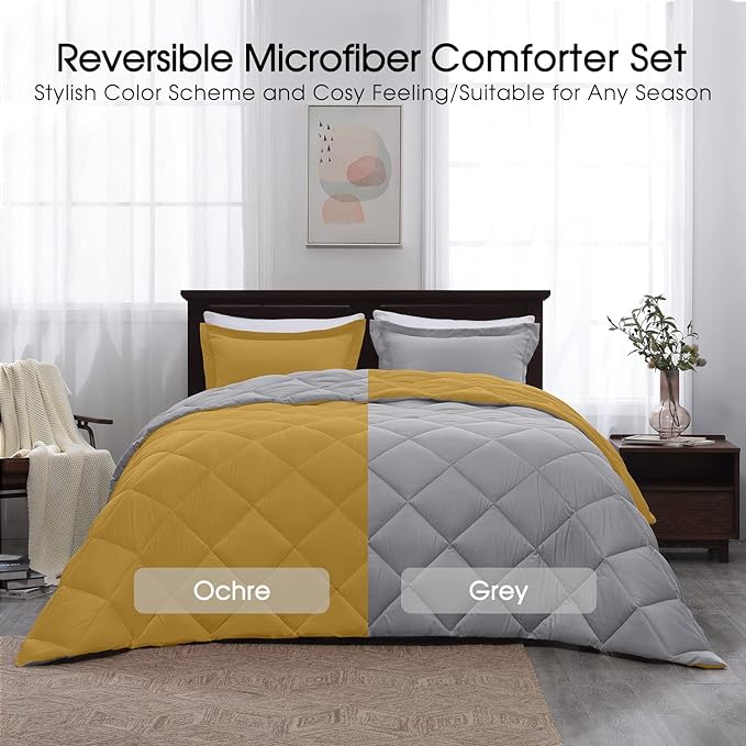 Basic Beyond King Size Comforter Set - Reversible King Bed Comforter Set for All Seasons, Ochre/Grey, 1 Comforter (104"x92") and 2 Pillow Shams (20"x36"+2")