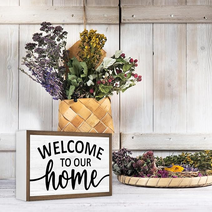 Welcome to Our Home Wooden Box Sign Desk Decor,Family Saying Wood Block Sign for Home Farmhouse Bedroom Shelf Tabletop Wall Decor