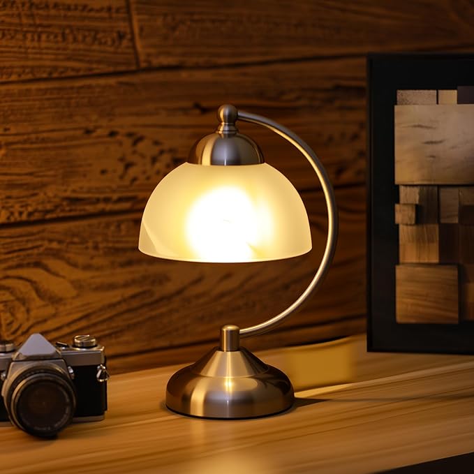 Small Modern Touch Glass Bedside Table Lamp, 7 x 7 x 10 Inch Brushed Nickel Metalwork Base Table Lamp for Bedrooms and Office (White Frosted Glass Shade)