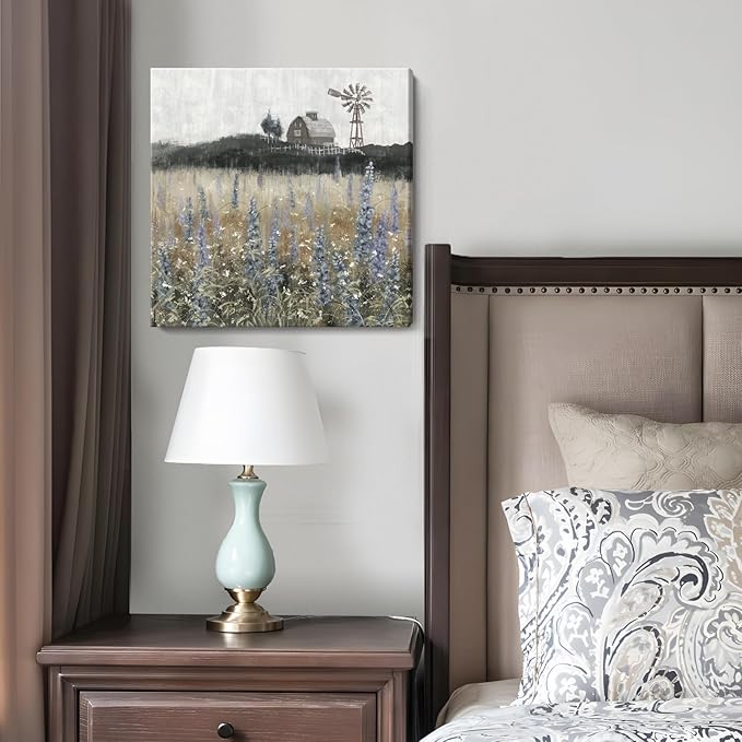 Bathroom Wall Art Vintage Farmhouse Canvas Print Retro Countryside Flower Field Nature Meadow Landscape Rustic Windmill Barn Picture Framed Artwork for Home Bedroom Living Room Black Purple 14x14inch