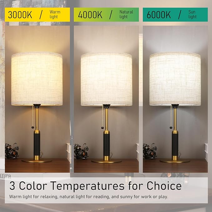 18.9" Bedside Table Lamp for Nightstand 3-Color Temperatures Living Room Lamp for Bedroom Wood Fabric Pull Chain Switch Small Desk Lamps Home Office End Table Room Decor (Light Brown+Brass)