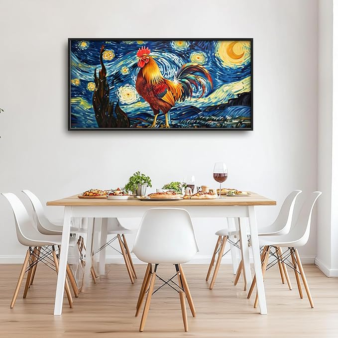 Flintis Large Rooster Wall Art Starry Sky Night Chicken Pictures Wall Decor Abstract Animal Canvas Painting Print Artwork Decoration Framed for Living Room Bathroom Master Bedroom Office 60L x 30W