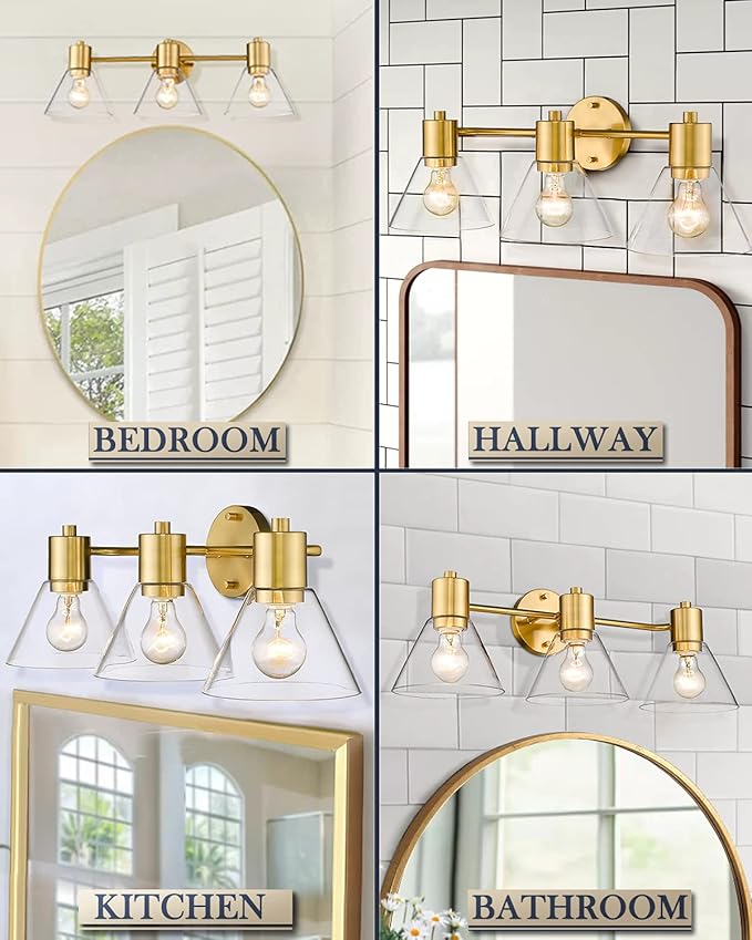 LMS Gold Bathroom Vanity Light Fixtures, 3 Light Bathroom Light Fixtures with Clear Glass Shade, LMS-108