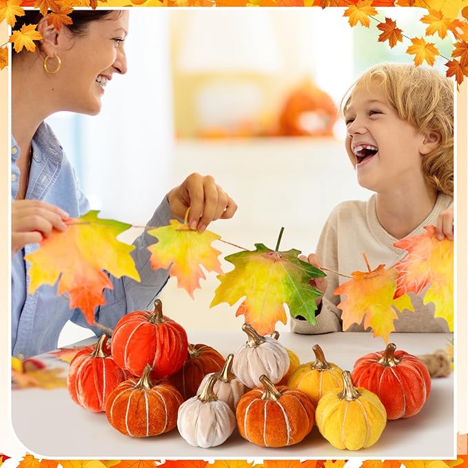 Weysat 12 Pcs Fall Velvet Pumpkins Decorations, 4 Sizes Artificial Pumpkins Table Centerpiece Fake Pumpkin Decor for Thanksgiving Autumn Wedding Farmhouse and Home Decor(Rustic)