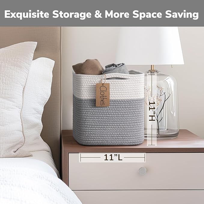 INDRESSME 11x11 Cube Storage Bins, 3-Pack Rope Woven Basket for Organizing Cube Toy Baskets Storage Kids, Square Baskets for Cloth Towel, Book Basket, Bathroom, White & Grey