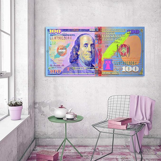 Large Money Poster Prints Inspiratioanal 100 USD Canvas Wall Art US One Hundred Dollars Bill Picture Wall Decor Modern Money Artwork for Living Room Bedroom Home Office, Framed 48 x 24 in