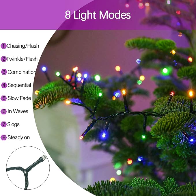 Upgraded 75.8 FT 200 LED Multicolored Christmas Lights Outdoor and Indoor, Extendable Green Wire, Memory Function & Timer & 8 Modes, Waterproof Super Bright Lights for Xmas Tree Holiday Party Garden