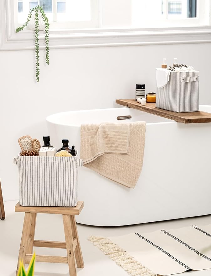 StorageWorks Narrow Storage Bins, Small Basket for Closet and Shelves, Rectangular Fabric Organizer with Handles, Toilet Paper Storage, Khaki and Beige Stripes, 2-Pack