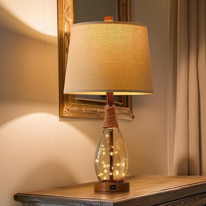 OYEARS 23" USB A+C Table Lamp for Bedroom Living Room Modern Bedside Lamps Retro Farmhouse Rattan Glass Nightstand Nightlight Lamps,Two Light Points