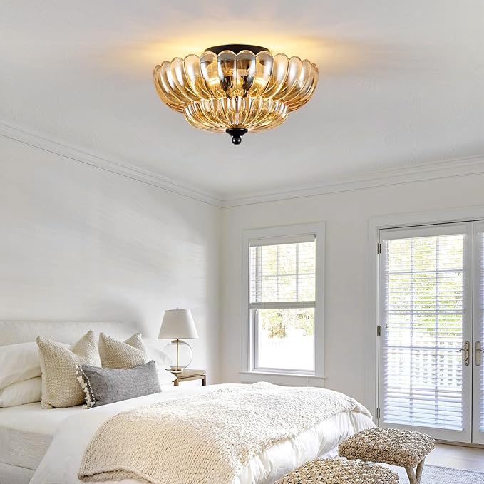 Modern Black Ceiling Light Fixture, 12" Amber Glass Flush Mount Chandeliers, Semi Flush Mount Ceiling Light Fixture Suitable for Living Room Hallway Kitchen Bedroom
