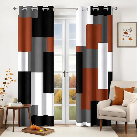 Burnt Orange 100% Blackout Curtains for Bedroom 96 inch Length 2 Panels Set Rust Modern Abstract Geometric Fall Black Out Curtains Insulated Room Darkening Window Drapes for Living Room, 52Wx96L