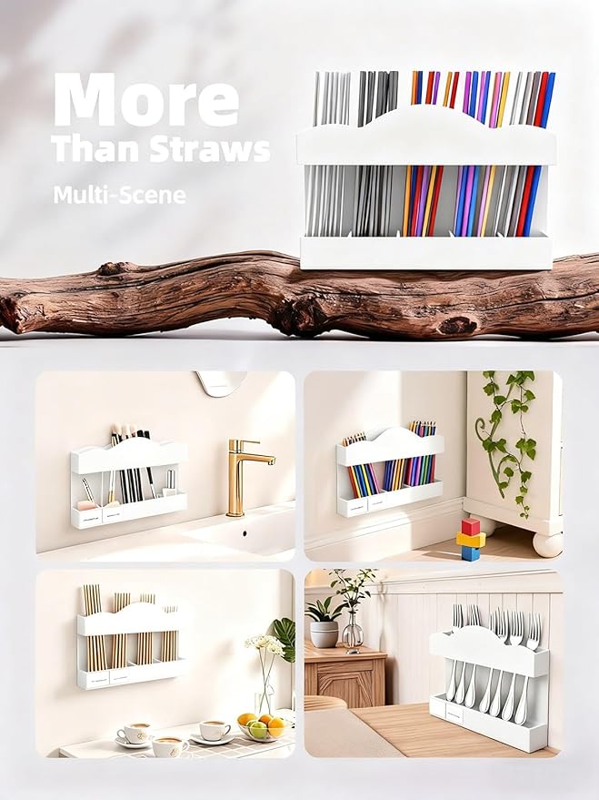 9.8" Acrylic Straw Holder for Cabinet Door - 5-Compartment Organizer with Ultra-Sticky Adhesive, Storage for Reusable Straws and Brushes, Kitchen & RV Essensials