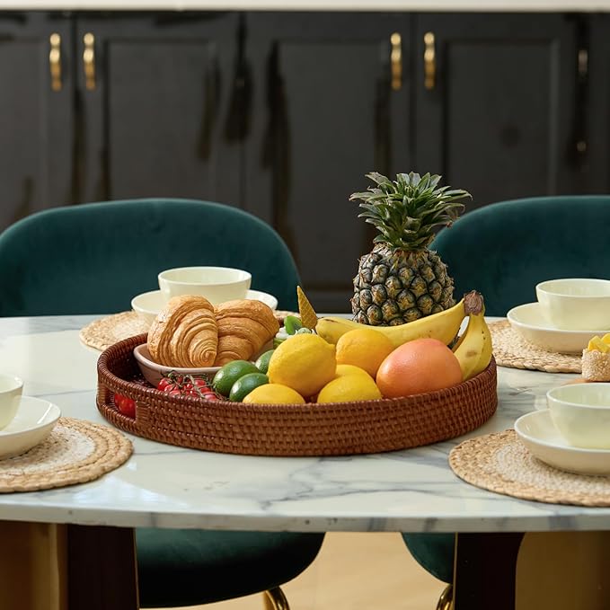 16.9 inch Round Rattan Tray, Woven Large Serving Tray with Handles, Wicker Serving Basket, Coffee Table Decor for Living Room, Reddish-Brown