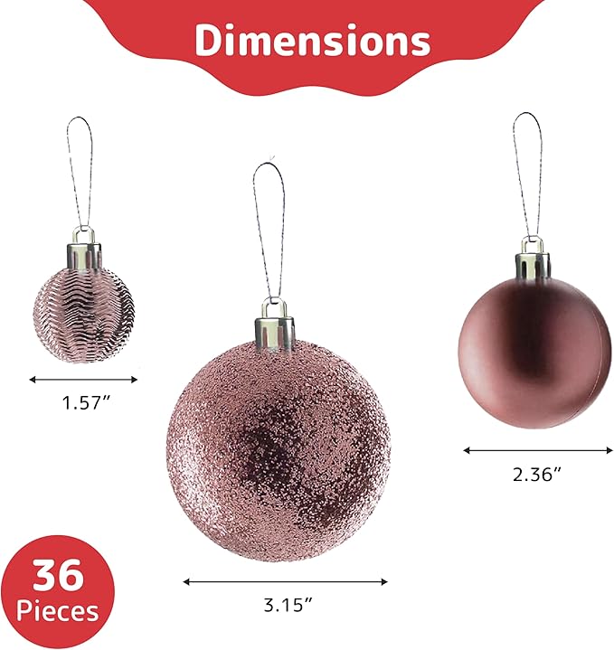 PREXTEX 36-Piece Rose Gold Christmas Ornaments Set - Shatterproof Tree Balls in 6 Styles and 3 Sizes with Hanging Loops to Decorate Christmas Tree - Ideal for Indoor and Outdoor Holiday Decor