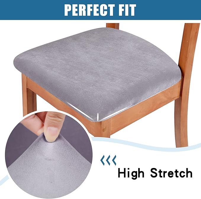 Smiry Velvet Seat Covers for Dining Room Chair Set of 2, Stretch Fit Removable Washable Chair Seat Cushion Protector Slipcovers with Ties, Light Grey