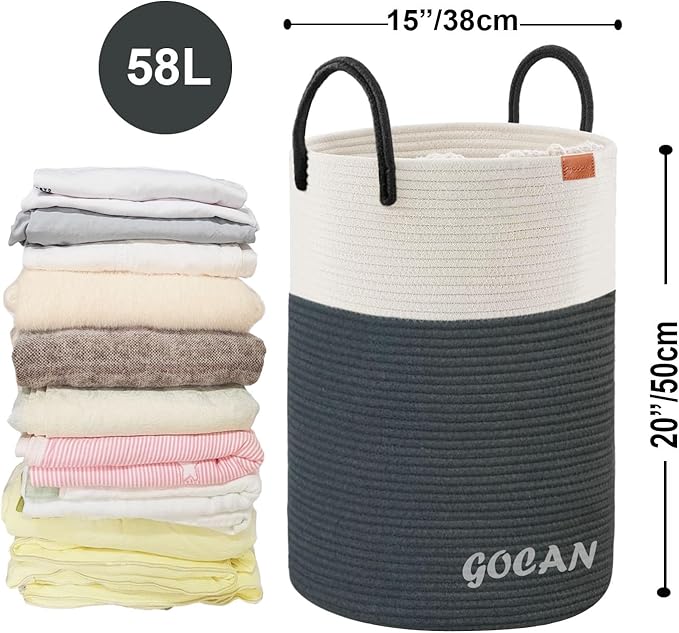 large tall sturdier Laundry Hamper Basket Woven Storage Baskets for clothes Pillows Blanket Toy in living or bed room decoration H50XD38cm grey/beige