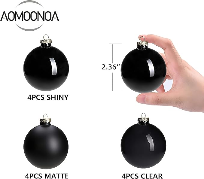 Black Glass Ornaments for Christmas Tree, Matte, Shiny, Clear Ball Ornaments, 12 Pcs Black Xmas Balls for Home Decoration, Thanksgiving, Party, DIY Gift