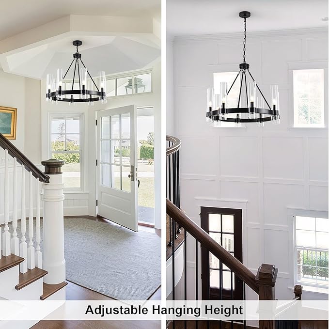 Black Wagon Wheel Chandeliers with Glass Shade, 8-Lights Farmhouse Chandeliers for High Ceiling, 28 Inch Round Black Pendant Light Fixtures for Dining Room, Living Room, Bedroom, Foyer