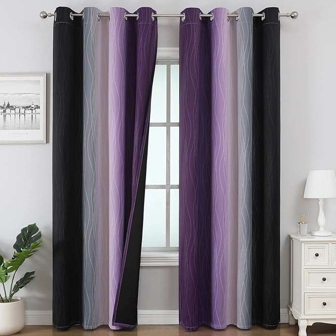 Estelar Textiler Black and Purple Ombre Blackout Curtains 90 Inches Long 2 Panels Set, Thermal Insulated Gradient Drapes for Bedroom, Energy Saving Grommet Curtains for Living Room,52Wx90L