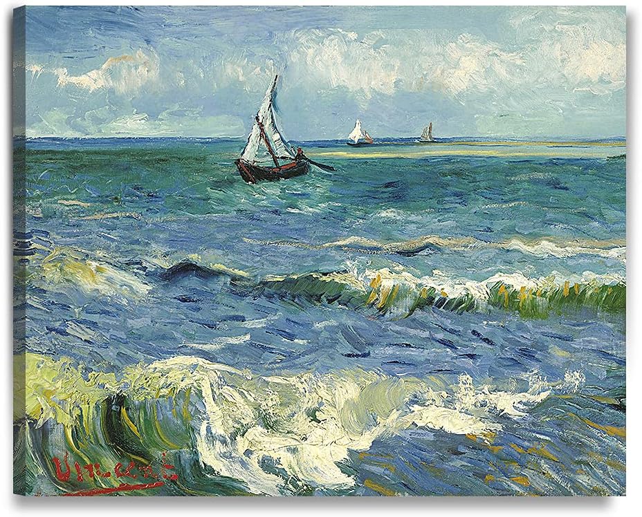 DECORARTS - The Sea at Les Saintes-Maries-de-la-Mer, Vincent Van Gogh Art Reproduction. Giclee Print on Canvas. Wall Art for Home. 40x32