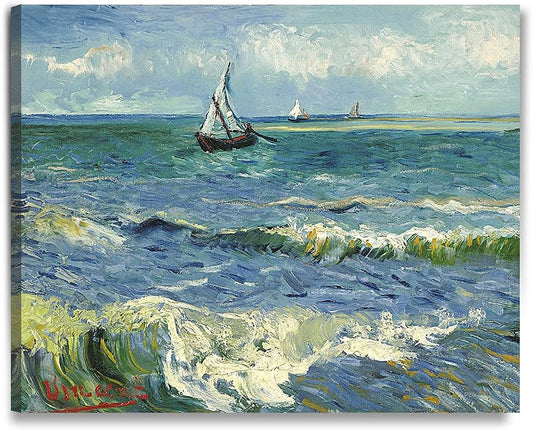 DECORARTS - The Sea at Les Saintes-Maries-de-la-Mer, Vincent Van Gogh Art Reproduction. Giclee Print on Canvas. Wall Art for Home. 40x32