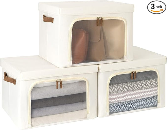 StorageWorks Storage Bins with Lids, Decorative Boxes with Clear Window for Clothes, Fabric Collapsible Baskets for Closet Organization, Large, Beige, 3 Packs