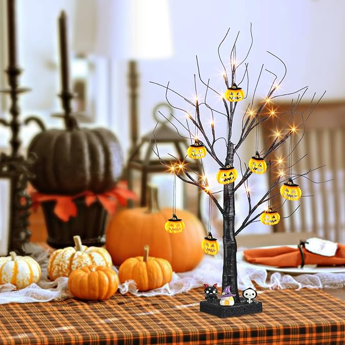 PEIDUO Halloween Indoor Decor, 2FT Halloween Tree with 24 Orange Lights and 8 Pumpkin Ornaments, Light up Halloween Decorations Black Tree with Timer for Indoor Home Desk Table Decor Battery Powered