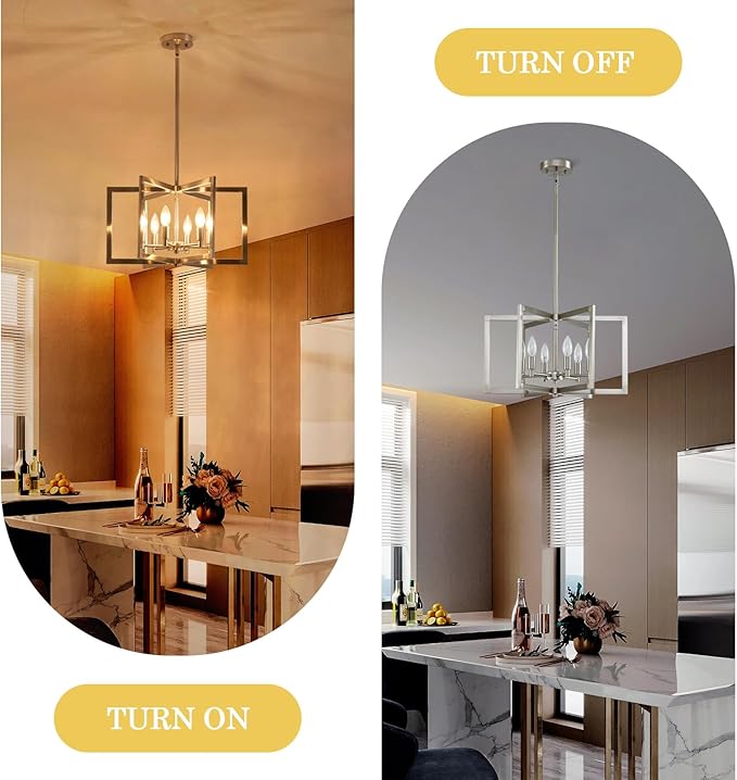 Brushed Nickel Chandelier 6-Light Modern Geometric Metal Lighting Fixture for Dining Room Kitchen Island Living Room Entryway Hallway Bedroom, 20 Inch Adjustable Pendant Ceiling Hanging Lamp