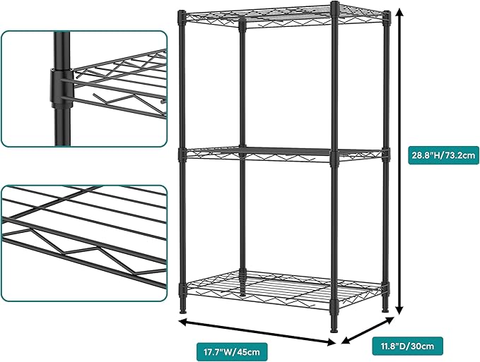 IZEUK 3 Tier Metal Wire Shelving Rack Storage Shelves for Kitchen, Bedroom, Living Room or Laundry Room, Black, 17.7" W x 11.8" D x 28.8" H